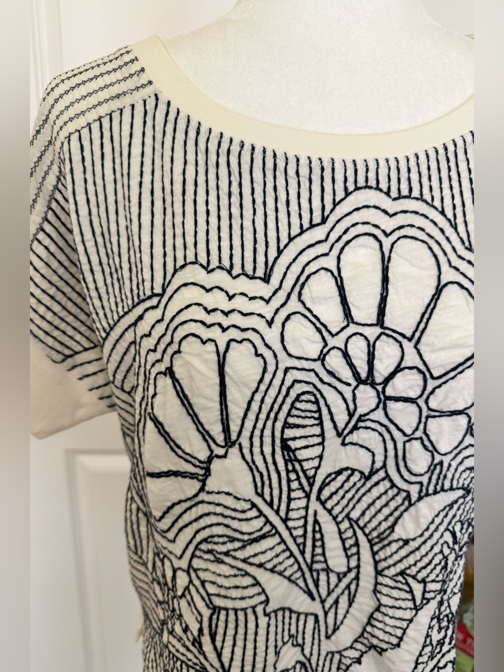 Anthropologie Cream and Navy Embroidered Floral Top